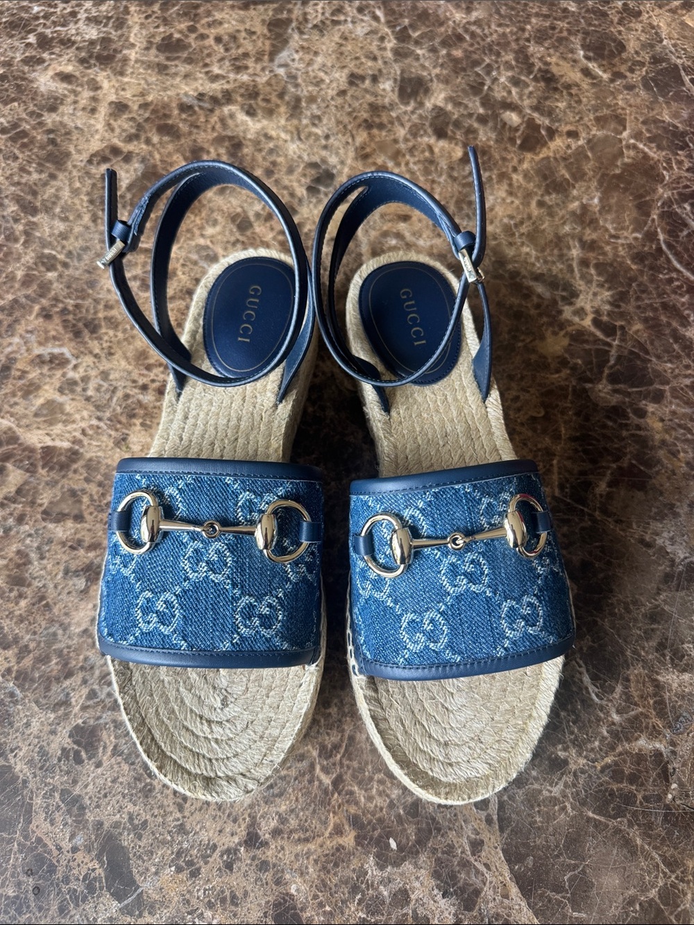 Gucci denim blue logo espadrille sandals platforms flats sz 37.5